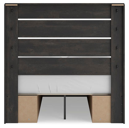 Delmorta Full Panel Bed with Storage, Dresser, Mirror and Nightstand