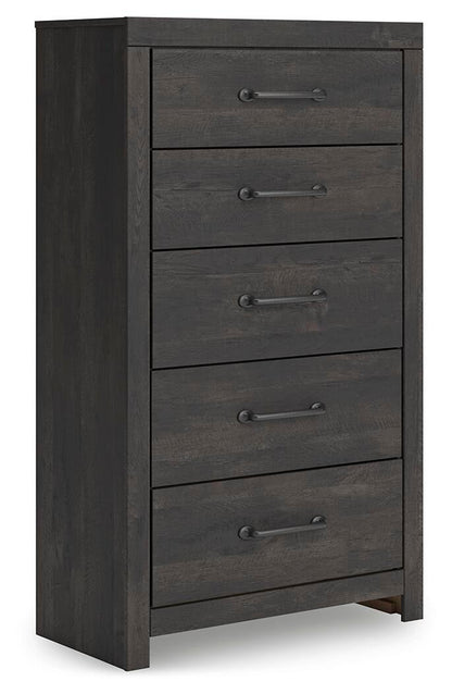 Delmorta Full Panel Bed with Storage, Dresser, Mirror, Chest and Nightstand