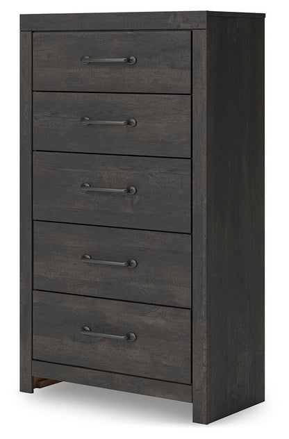 Delmorta Full Panel Bed with Storage, Dresser, Mirror, Chest and Nightstand