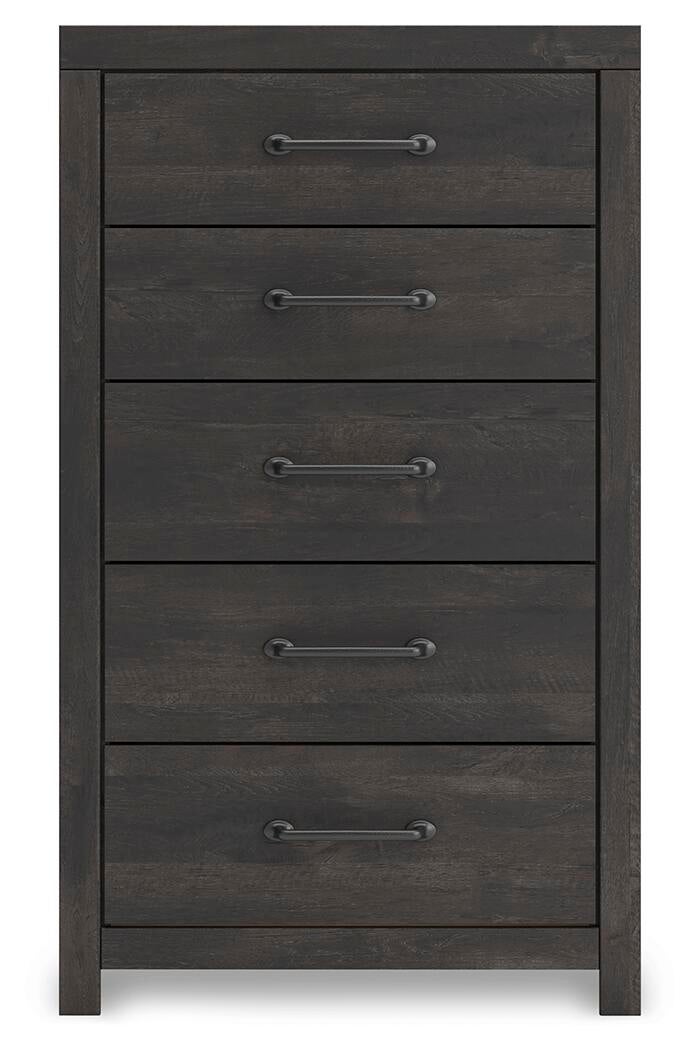 Delmorta Queen Panel Bed, Dresser, Mirror, Chest and Nightstand