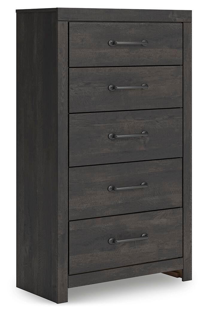 Delmorta Queen Panel Bed, Dresser, Mirror, Chest and Nightstand