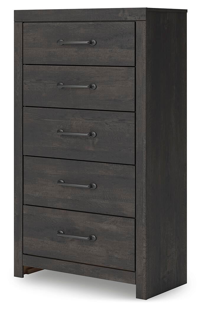 Delmorta Queen Panel Bed, Dresser, Mirror, Chest and Nightstand
