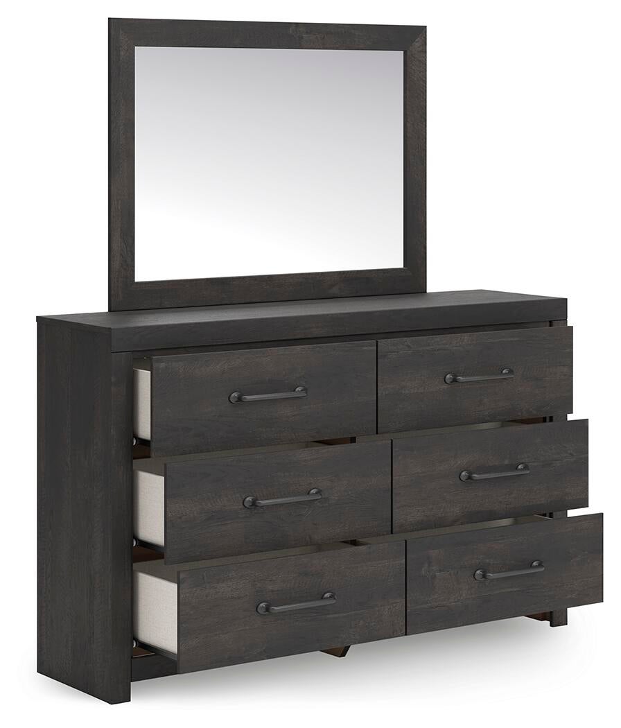 Delmorta King Panel Bed, Dresser, Mirror and Nightstand