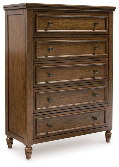 Sturlayne California King Upholstered Panel Bed, Dresser, Mirror, Chest and Nightstand
