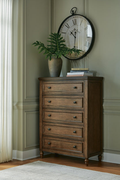 Sturlayne California King Upholstered Panel Bed, Dresser, Mirror, Chest and Nightstand