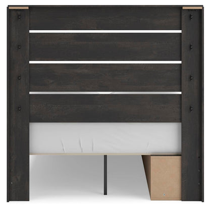 Delmorta Full Panel Storage Bed, Dresser, Mirror and Nightstand
