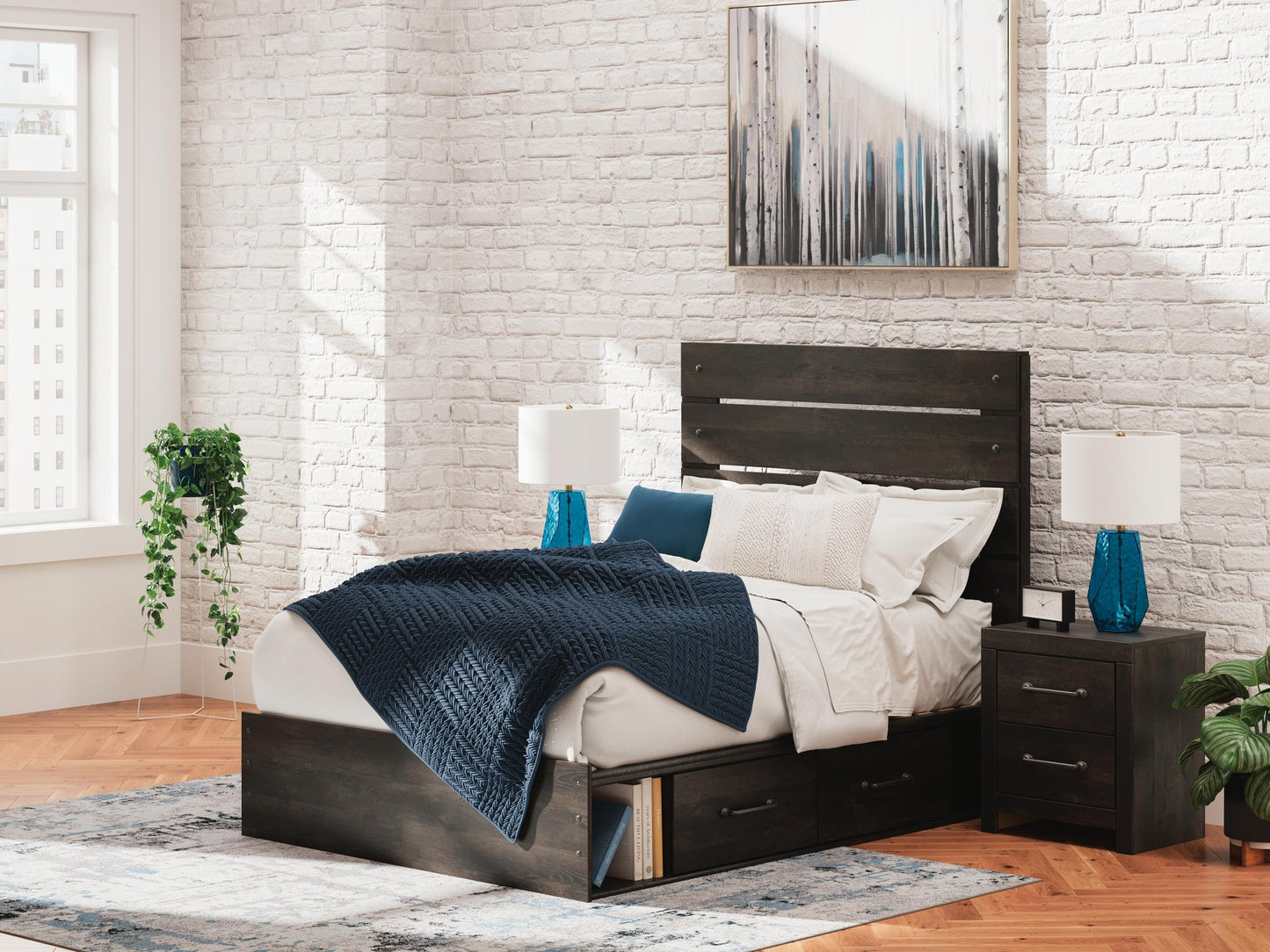 Delmorta Full Panel Storage Bed, Dresser, Mirror and Nightstand