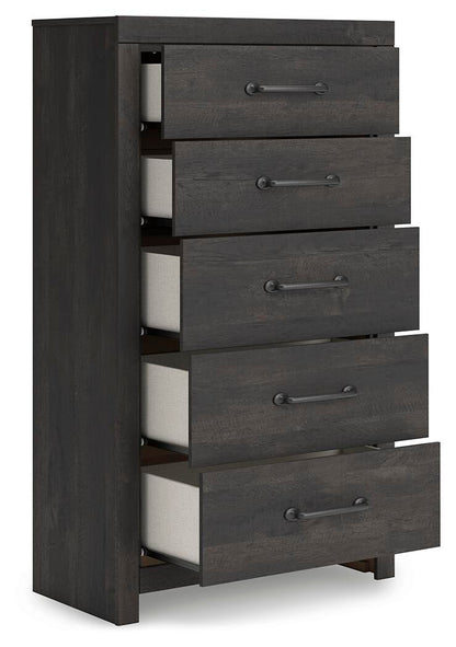 Delmorta Twin Panel Storage Bed, Dresser, Mirror, Chest and Nightstand