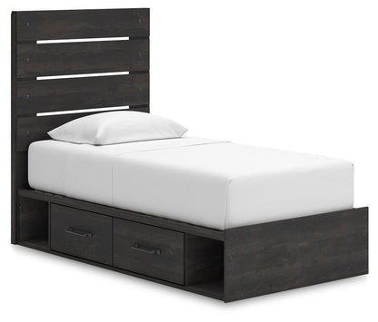 Delmorta Twin Panel Storage Bed, Dresser and Mirror