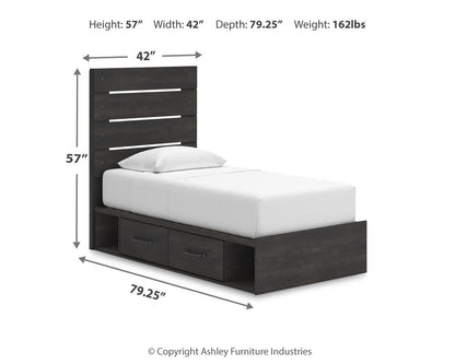 Delmorta Twin Panel Storage Bed, Dresser and Mirror