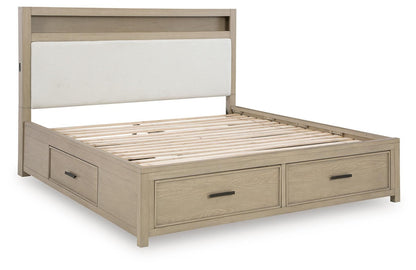 Calmoro California King Bookcase Bed with Mirrored Dresser and Nightstand