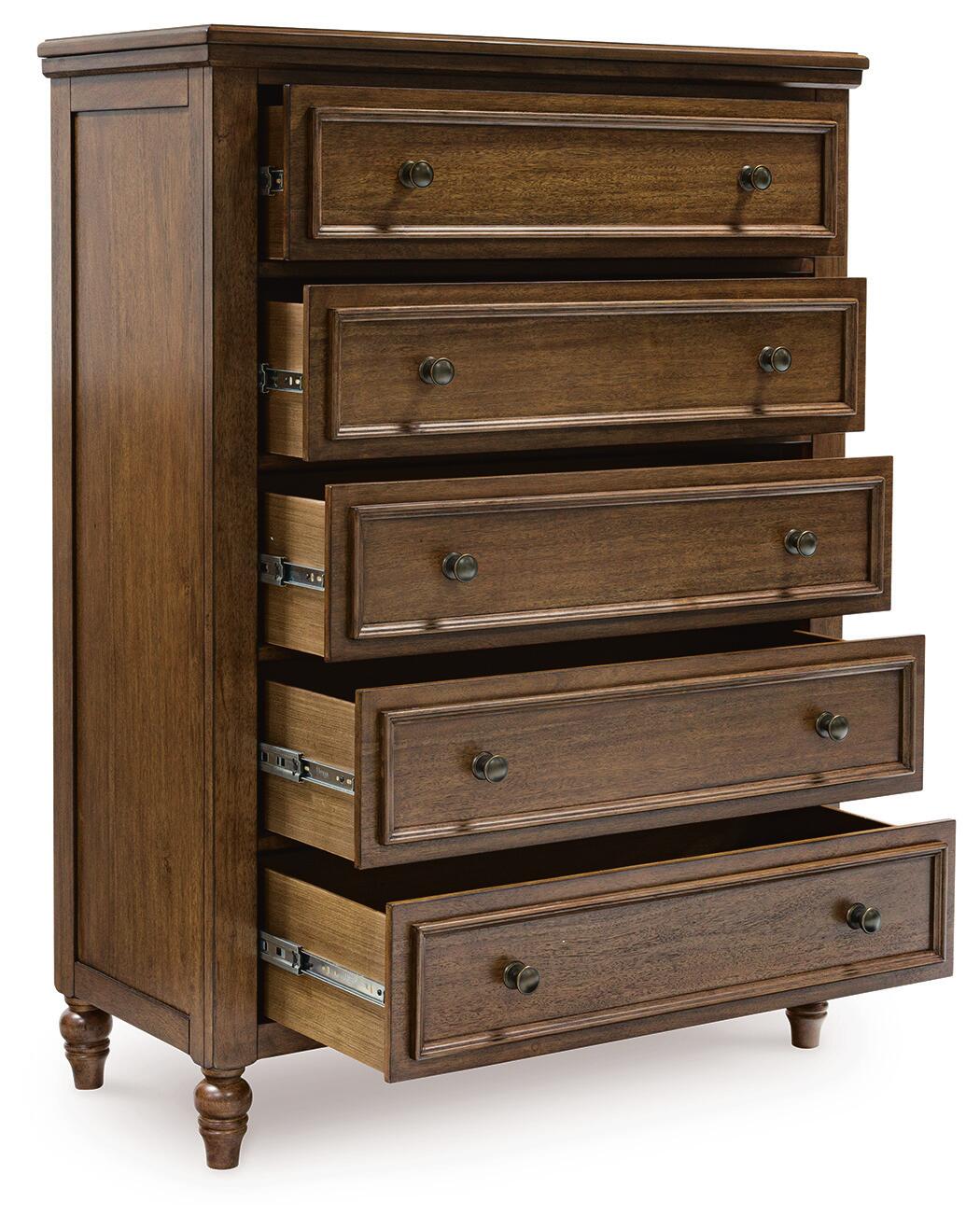 Sturlayne Queen Upholstered Panel Bed, Dresser, Mirror, Chest and Nightstand