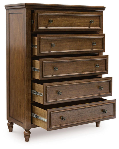 Sturlayne Queen Upholstered Panel Bed, Dresser, Mirror, Chest and Nightstand
