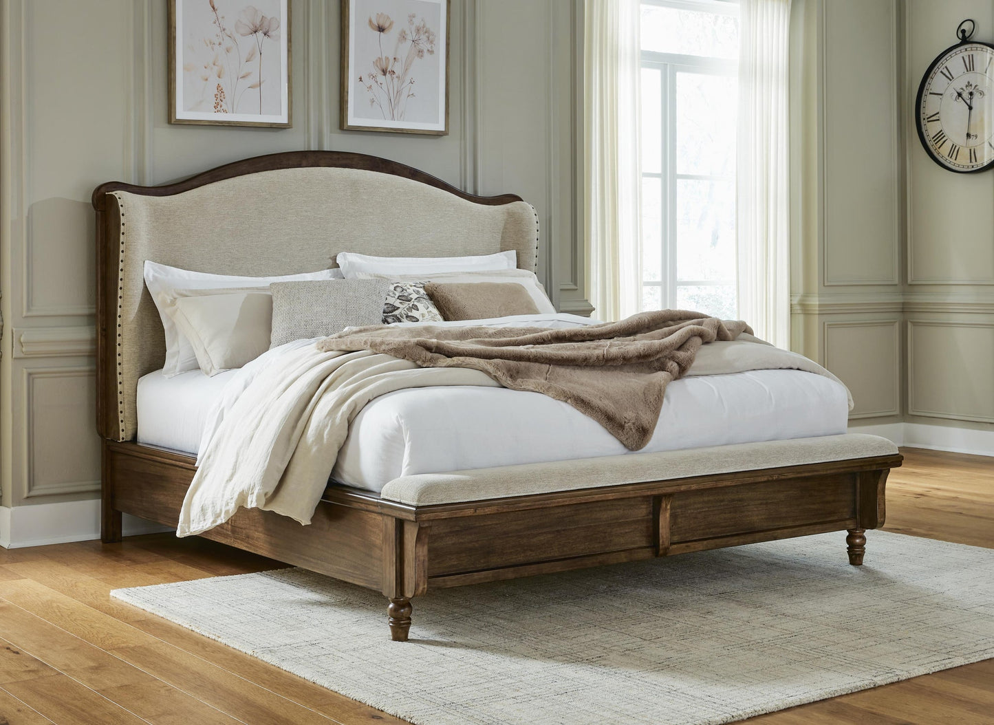 Sturlayne Queen Upholstered Panel Bed, Dresser and Mirror