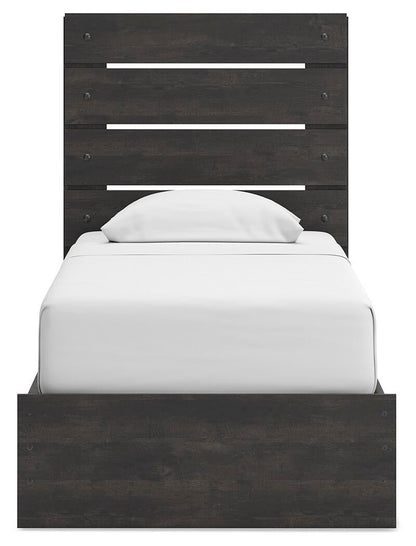 Delmorta Twin Panel Bed with Storage, Dresser and Mirror