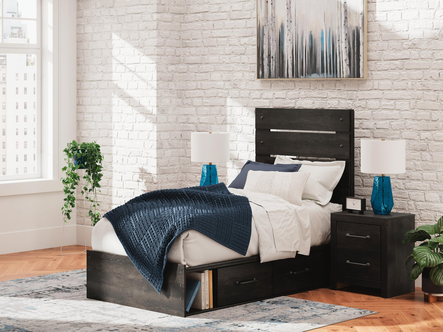 Delmorta Twin Panel Bed with Storage, Dresser and Mirror