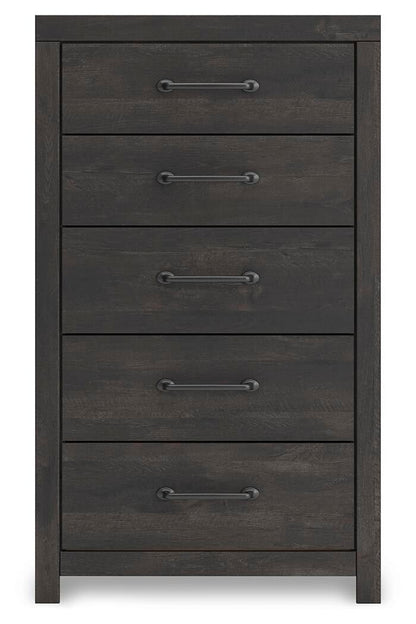 Delmorta King Panel Bed, Dresser, Mirror, Chest and Nightstand