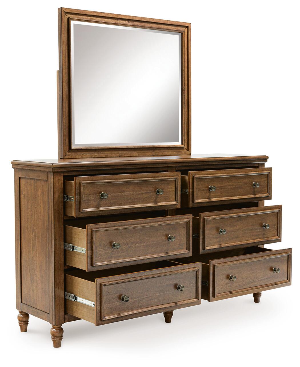 Sturlayne King Upholstered Panel Bed, Dresser, Mirror and Nightstand