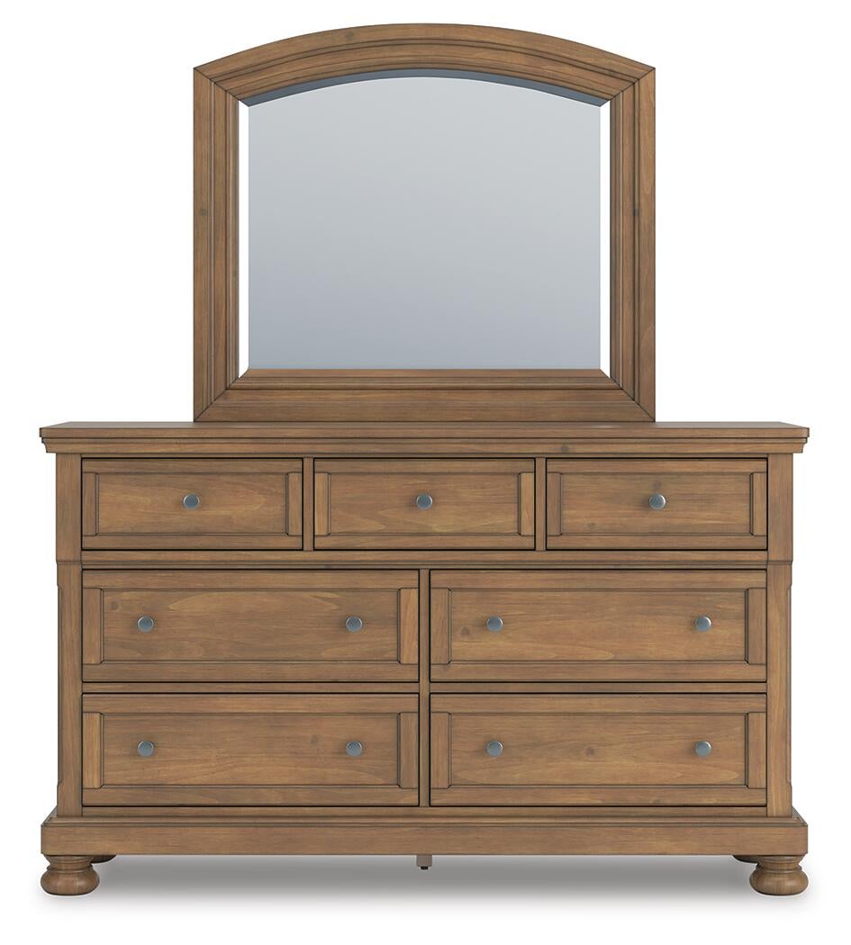 Vandenmore California King Storage Sleigh Bed with Mirrored Dresser and Nightstand