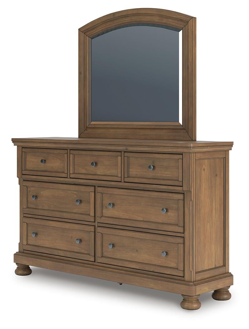 Vandenmore California King Storage Sleigh Bed with Mirrored Dresser and Nightstand