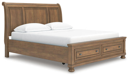 Vandenmore California King Storage Sleigh Bed with Mirrored Dresser and Nightstand