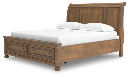 Vandenmore California King Storage Sleigh Bed with Mirrored Dresser and Nightstand