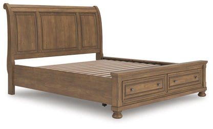 Vandenmore California King Storage Sleigh Bed with Mirrored Dresser and Nightstand