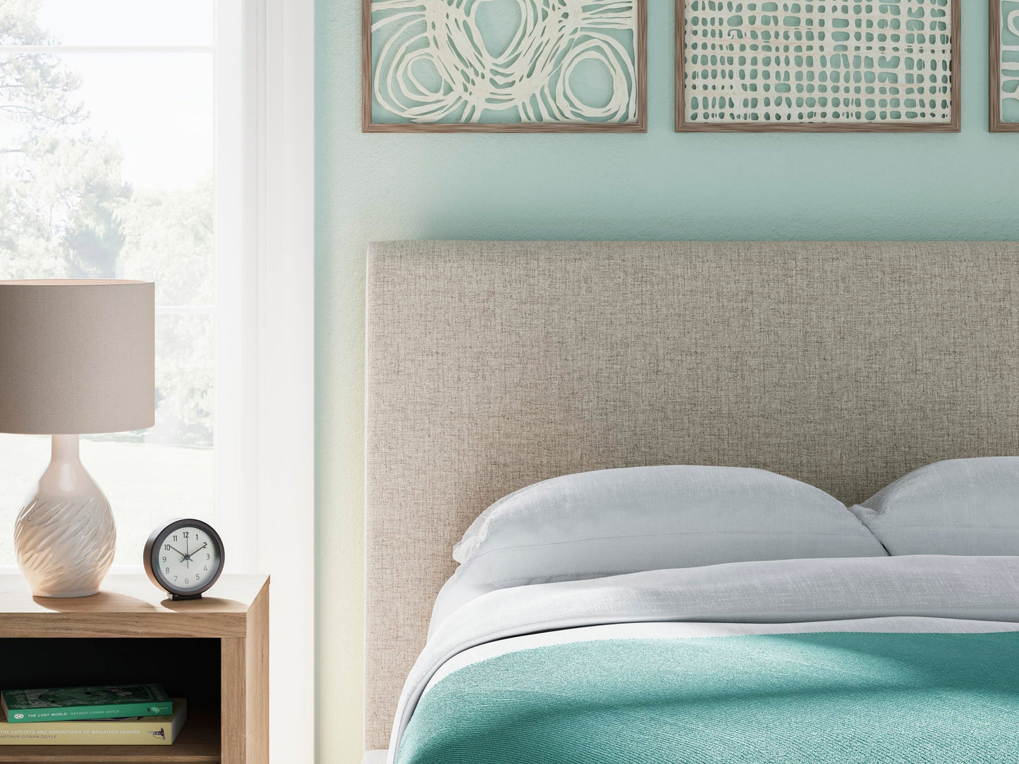 Cielden Full Upholstered Bed with Roll Slats, Dresser, Mirror, Chest and Nightstand
