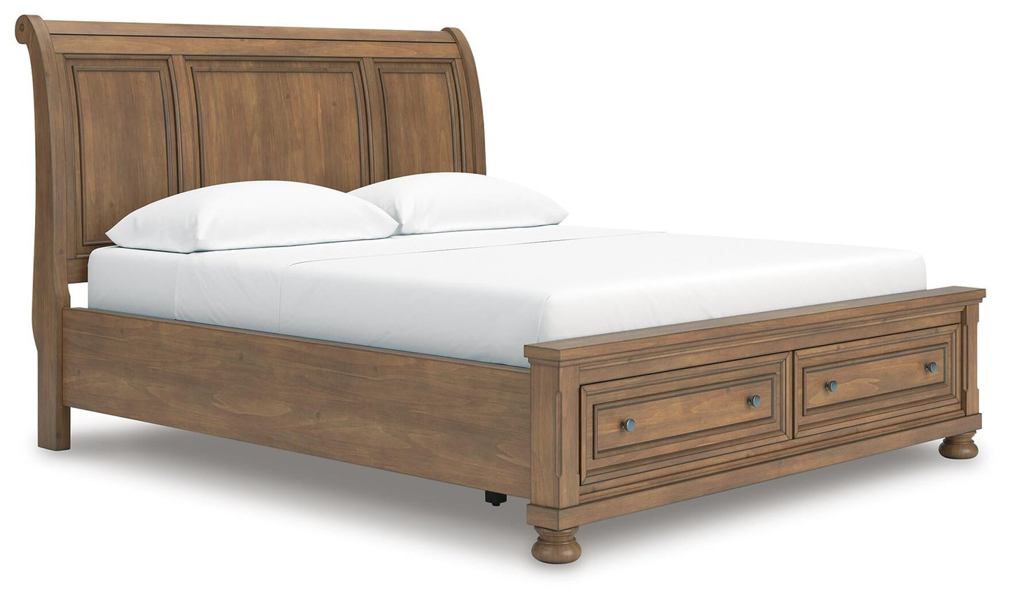Vandenmore California King Storage Sleigh Bed with Mirrored Dresser, Chest and Nightstand