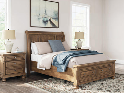 Vandenmore Queen Storage Sleigh Bed with Mirrored Dresser and Nightstand