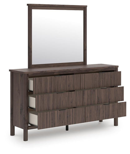 Cadmori Full Upholstered Panel Platform Bed, Dresser, Mirror and Nightstand