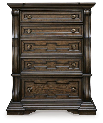 Maylee Queen Canopy Bed, Dresser, Mirror, Chest and Nightstand