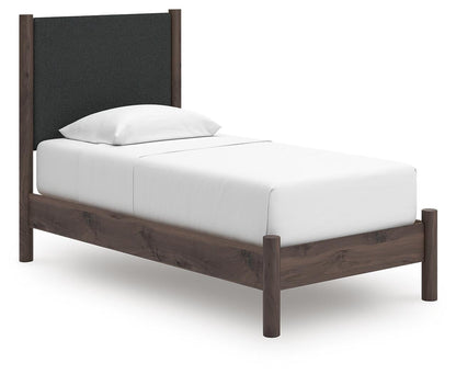 Cadmori Twin Upholstered Panel Platform Bed, Dresser, Mirror and Nightstand