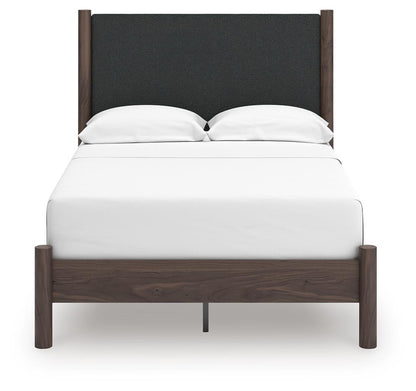 Cadmori Full Upholstered Panel Platform Bed, Dresser, Mirror, Chest and Nightstand