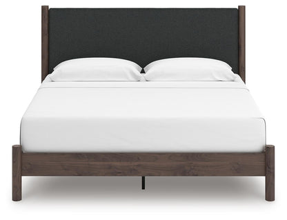 Cadmori King Upholstered Panel Platform Bed, Dresser, Mirror, Chest and Nightstand