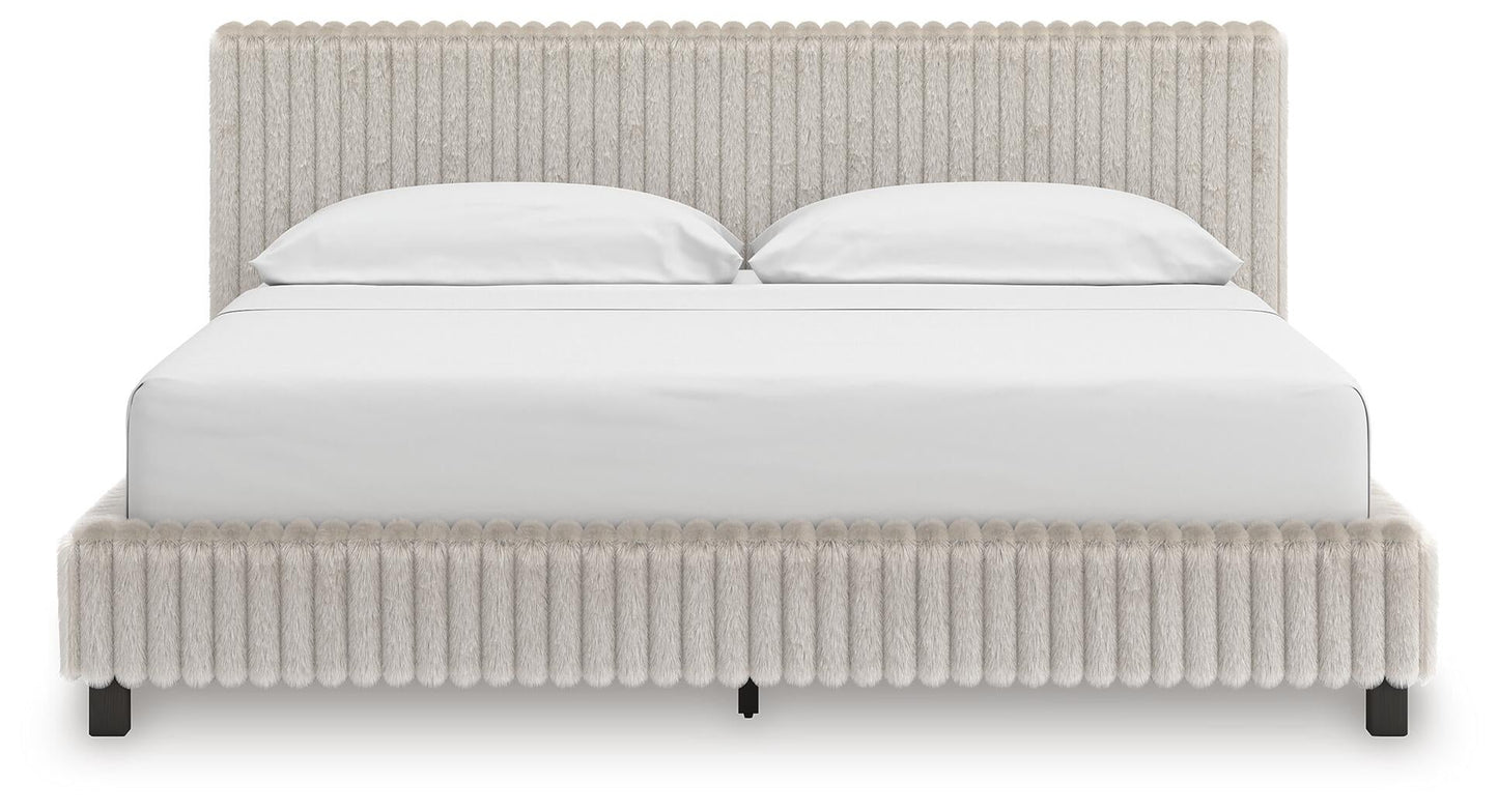 Birmonton California King Upholstered Bed, Dresser, Mirror and Nightstand