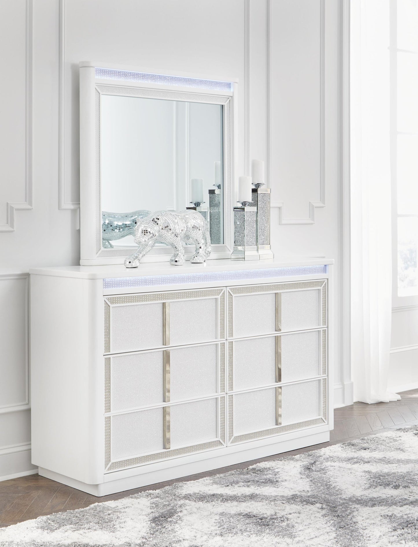 Chalanna California King Upholstered Storage Bed, Dresser and Mirror