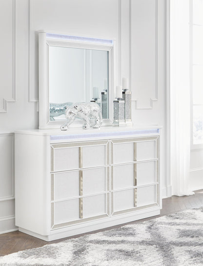 Chalanna California King Upholstered Storage Bed, Dresser and Mirror