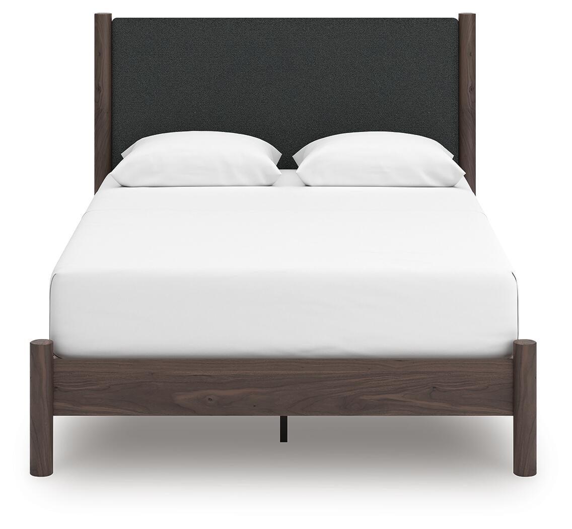 Cadmori Queen Upholstered Panel Platform Bed, Dresser, Mirror, Chest and Nightstand