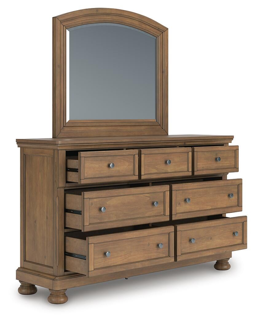Vandenmore California King Panel Bed with Mirrored Dresser, Chest and Nightstand