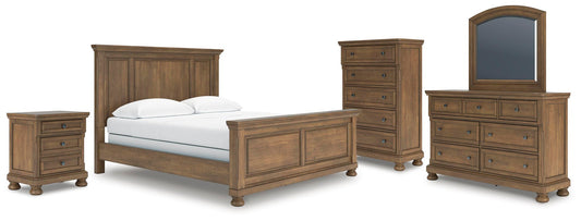 Vandenmore California King Panel Bed with Mirrored Dresser, Chest and Nightstand