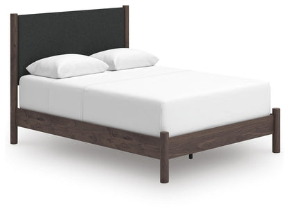 Cadmori Queen Upholstered Panel Bed, Dresser, Mirror and Nightstand