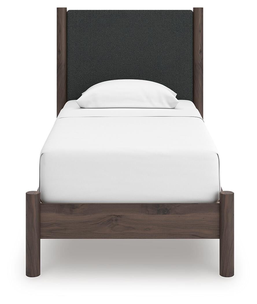 Cadmori Twin Upholstered Panel Platform Bed, Dresser and Mirror