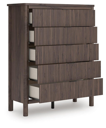 Cadmori Queen Upholstered Panel Bed, Dresser, Mirror, Chest and Nightstand