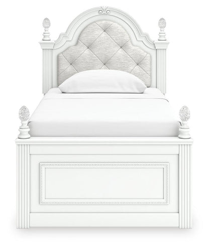 Maylilly Twin Upholstered Panel Bed, Dresser and Mirror