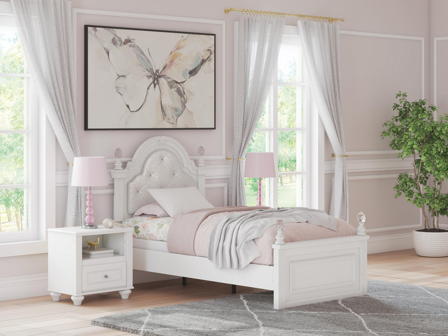 Maylilly Twin Upholstered Panel Bed, Dresser and Mirror