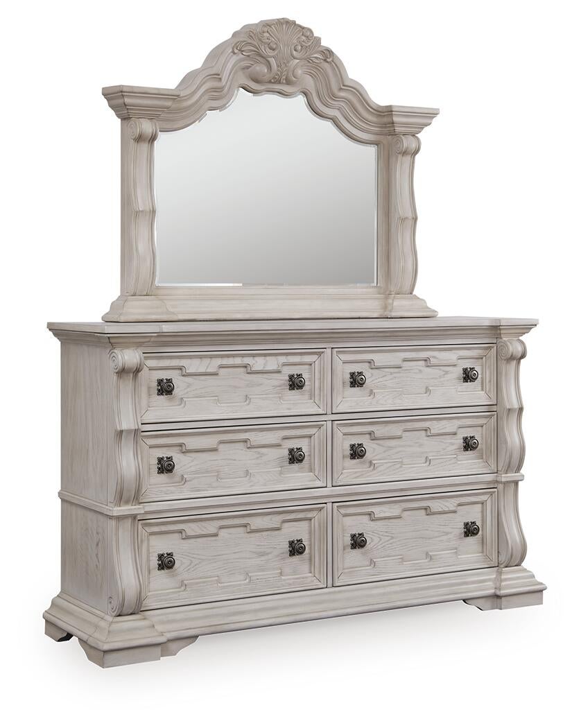 Andonhall California King Upholstered Panel Bed with Mirrored Dresser