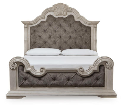 Andonhall California King Upholstered Panel Bed with Mirrored Dresser