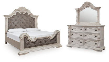 Andonhall California King Upholstered Panel Bed with Mirrored Dresser
