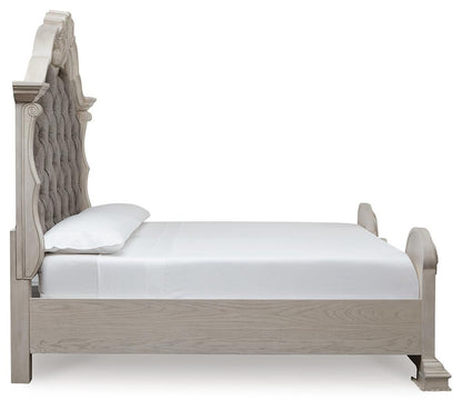 Andonhall California King Upholstered Panel Bed with Mirrored Dresser